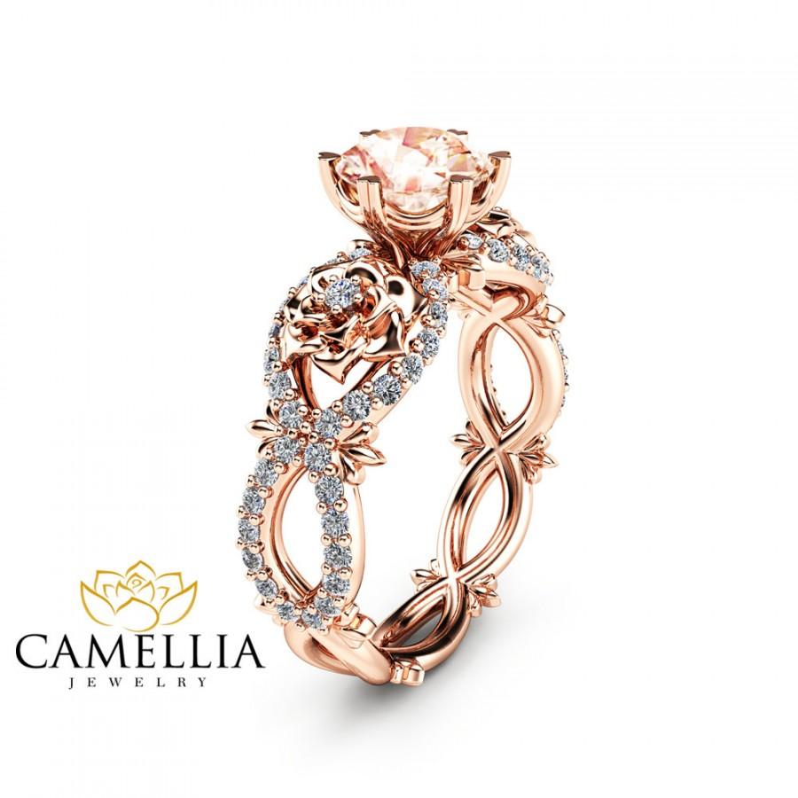 Hochzeit - Peach Pink Morganite Engagement Ring in 14K Rose Gold Unique Flower Ring  Nature Inspired Morgainte Ring Rose Gold Engagement Ring