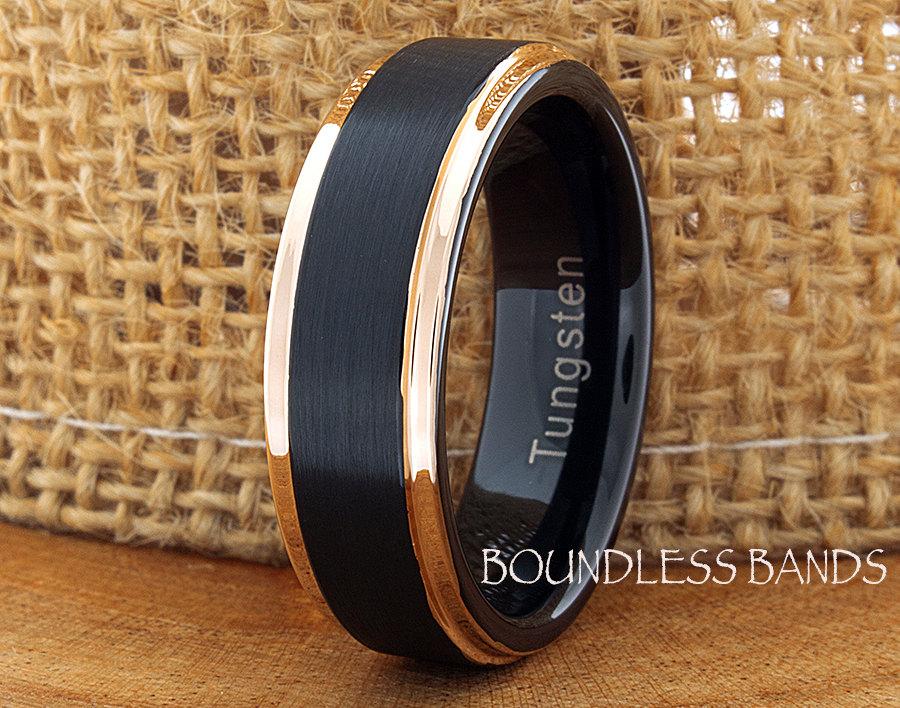 Wedding - Tungsten Wedding Ring Band 7mm Black Rose Gold Tungsten Ring Anniversary Ring Promise Ring Mans Tungsten Ring Comfort Fit Free Engraving