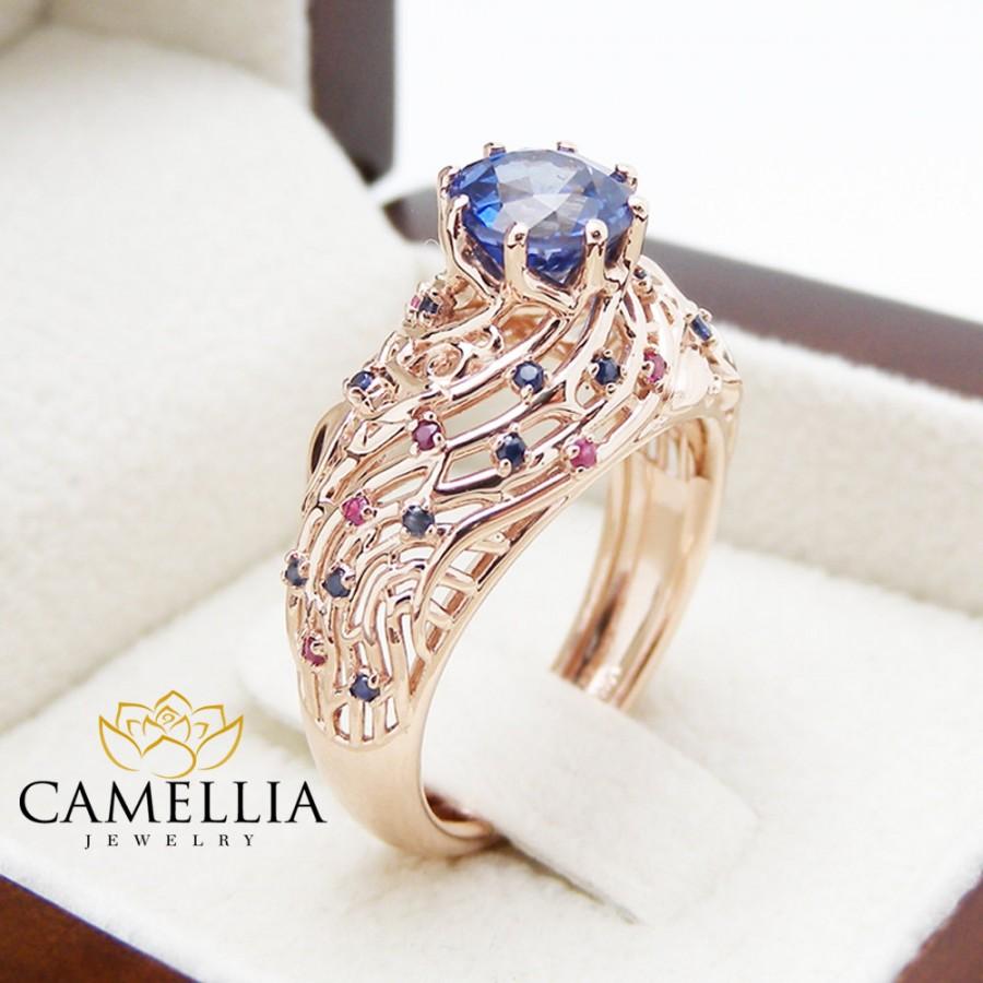 Hochzeit - Unique Design Sapphire and Ruby Engagement Ring Filigree 14K Rose Gold Ring Natural Sapphire and Ruby Ring Art Deco Engagement Ring