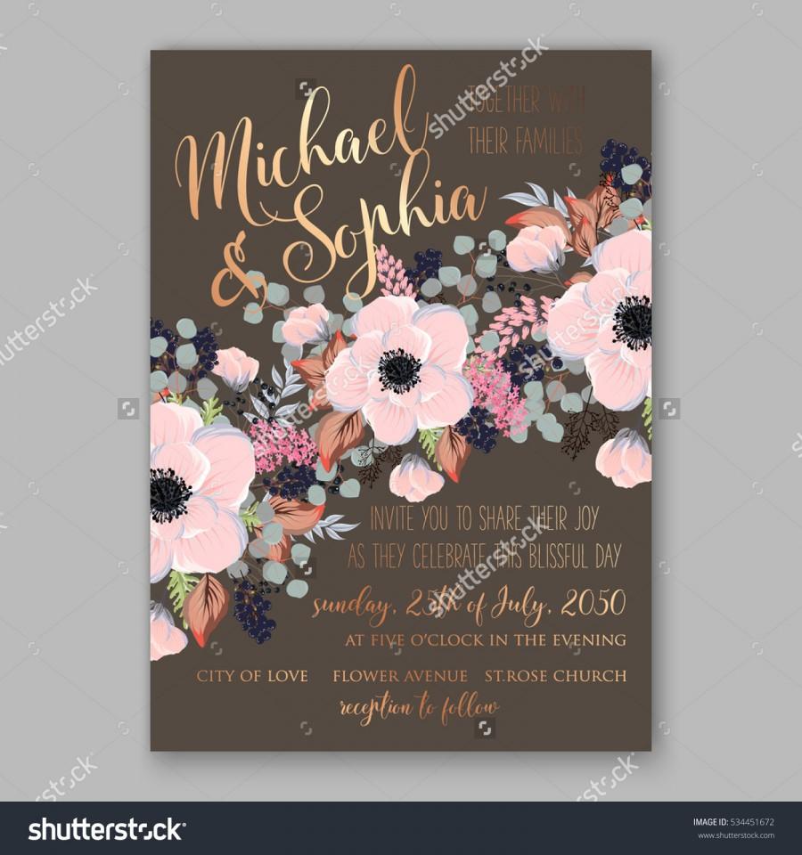 زفاف - Wedding Invitation Floral Bridal Wreath with pink flowers Anemones, fir, pine branches, wild privet berry, currant berry vector floral illustration in vintage watercolor style