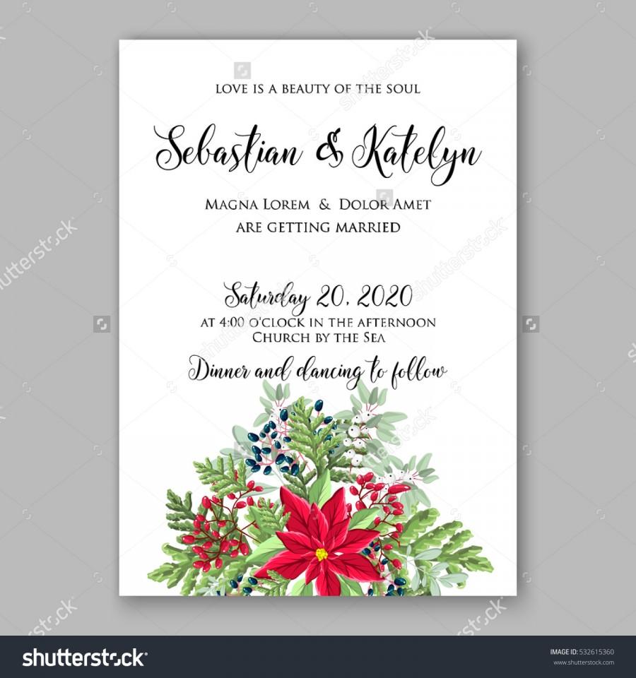 Wedding - Poinsettia Wedding Invitation template card beautiful floral ornament Christmas Party wreath of poinsettia, mandarin, pine branch flower bouquet Bridal shower