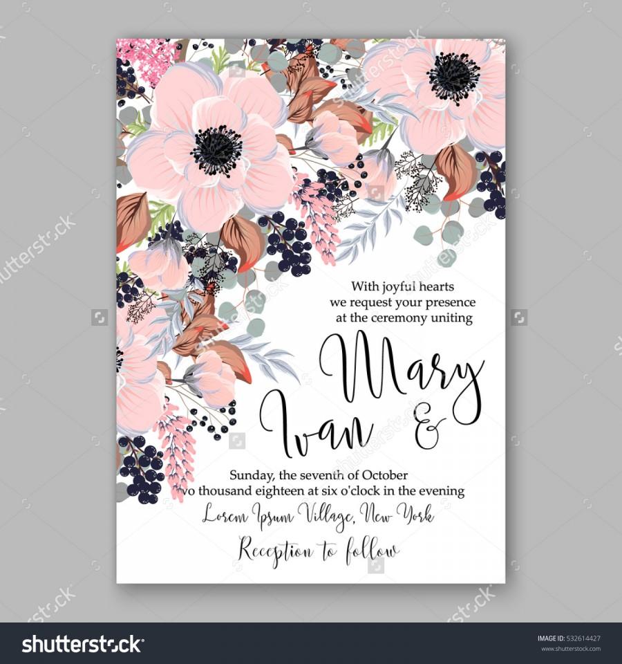 Wedding - Wedding Invitation Floral Bridal Wreath with pink flowers Anemones, fir, pine branches, wild privet berry, currant berry vector floral illustration in vintage watercolor style