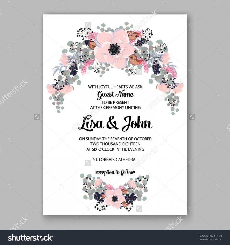 Hochzeit - Wedding Invitation Floral Bridal Wreath with pink flowers Anemones, fir, pine branches, wild privet berry, currant berry vector floral illustration in vintage watercolor style