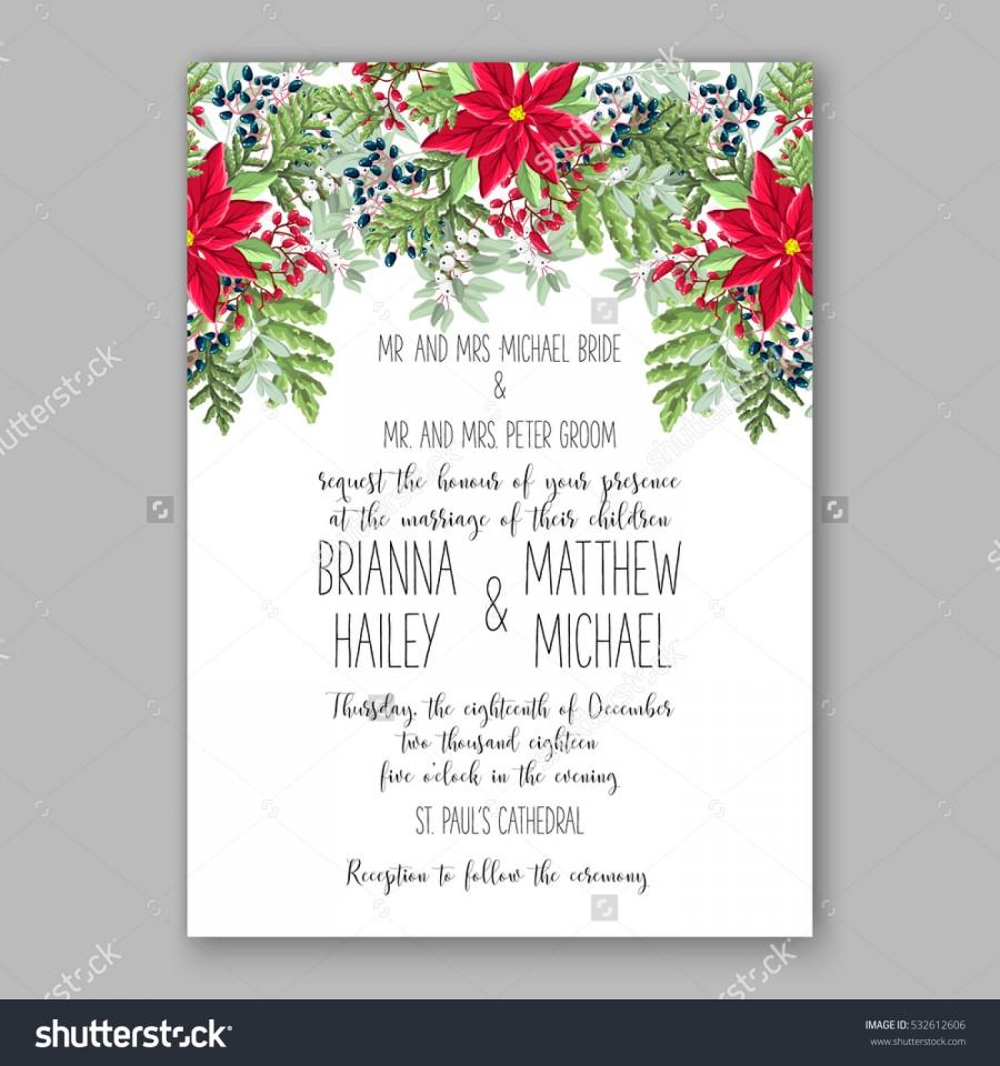 Wedding - Christmas party invitation with holiday wreath of poinsettia, fir, pine needle, holly wild Privet Berry Winter wedding Invitation
