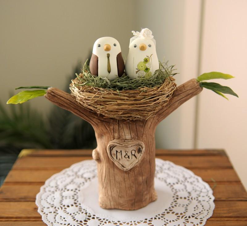 Свадьба - Wedding Cake Topper - Love Birds with Tree and Nest - Small