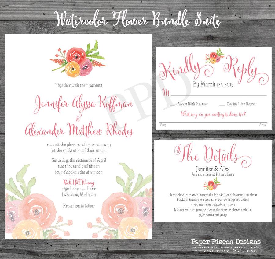 Hochzeit - Watercolor Flower Bundle Wedding Invitation Suite - Printable Wedding Invitation Suite - Flowers Wedding Invitation - DIY Wedding Suite
