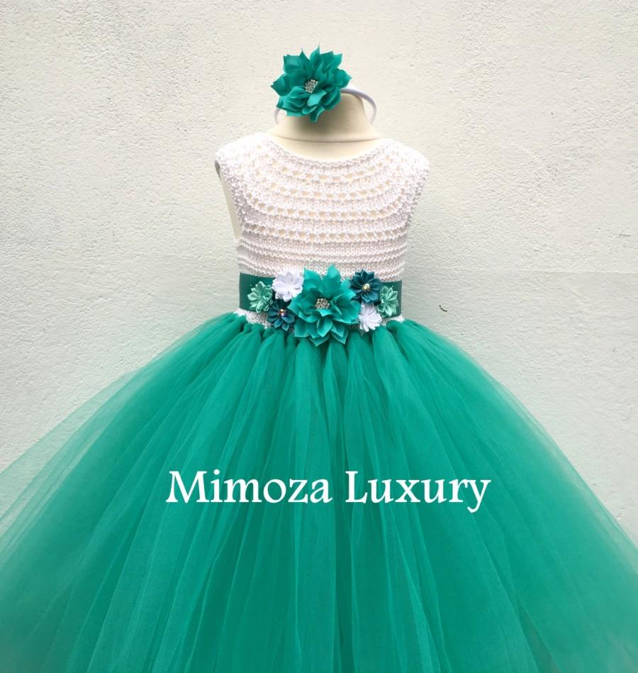 Mariage - Flower girl dress, tutu dress, bridesmaid dress, princess dress, crochet top tulle dress, hand knit top tutu dress, teal sea green tutu