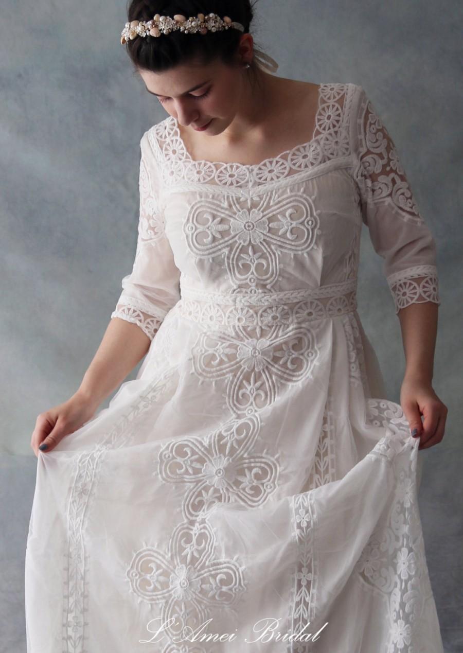 زفاف - Elegant Full Length Ivory White Lace and Tulle Bridal Gown, Wedding Dress with 3/4 sleeve