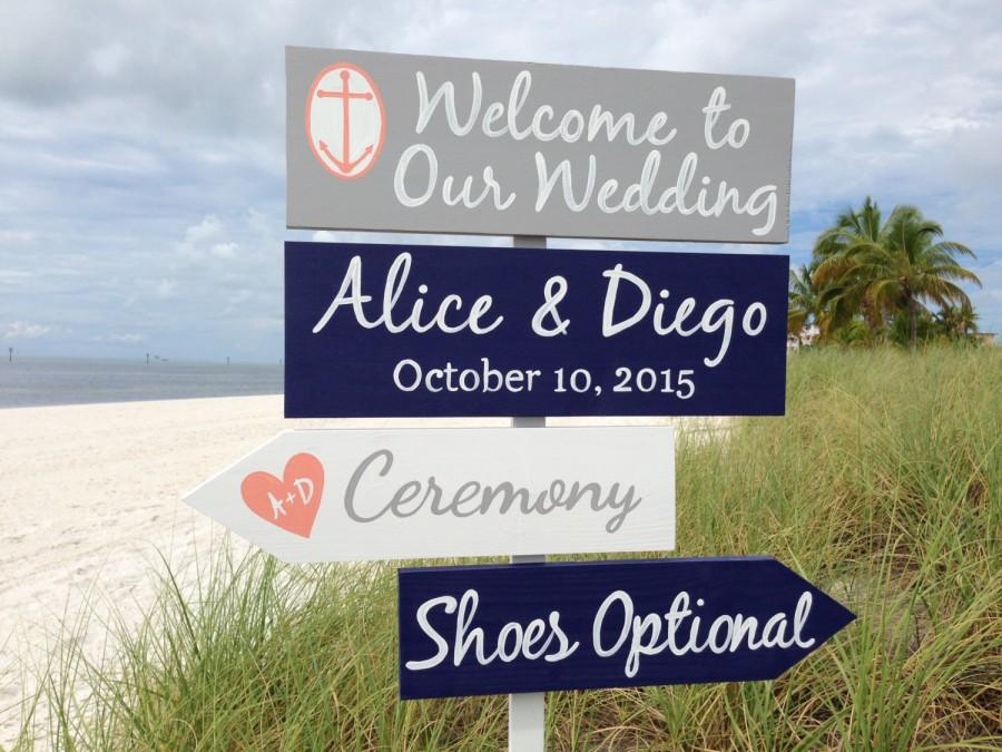 Hochzeit - Silver Welcome Wedding Sign, Nautical Wedding Decor, Shoes Optional Directional Sign, Silver Wedding
