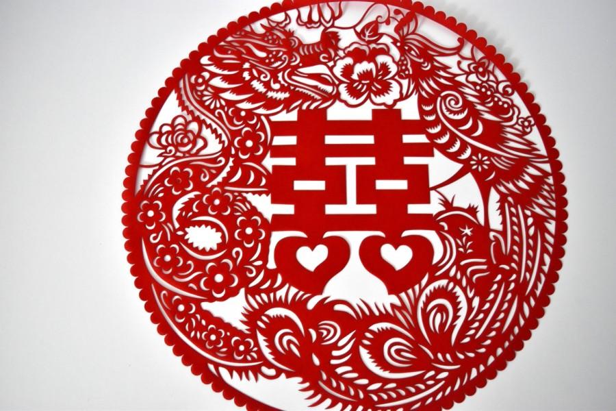 زفاف - Red Double Happiness Wedding Poster/Sticker with Dragon and Phoenix Design - Large