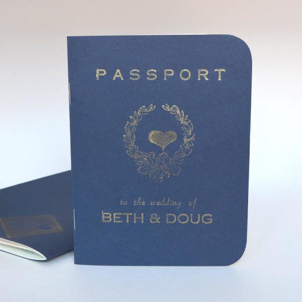 Wedding - Passport Destination Wedding invitation, navy cover with gold ink SAMPLE ONLY