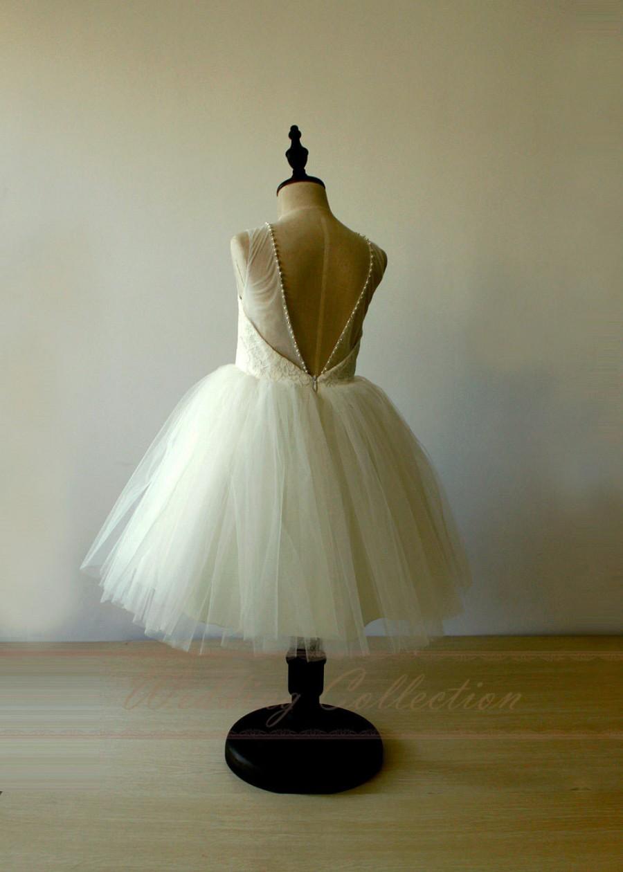 Hochzeit - Tutu Ivory Flower Girl Dress Open Back Lace Tulle Birthday Dress with Pearls