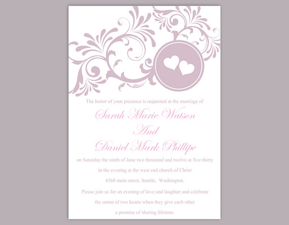 Wedding - DIY Wedding Invitation Template Editable Word File Instant Download Printable Purple Invitation Lavender Wedding Invitation Heart Invitation