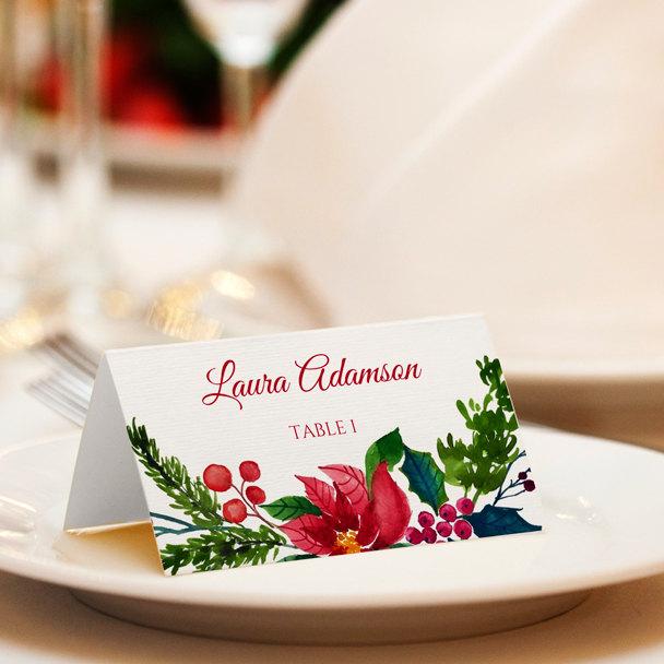 Wedding - Holiday Name Card Template (Tent) - DOWNLOAD Instantly - EDITABLE TEXT - Painted Poinsettia - 3 x 2.5 - Microsoft Word Format