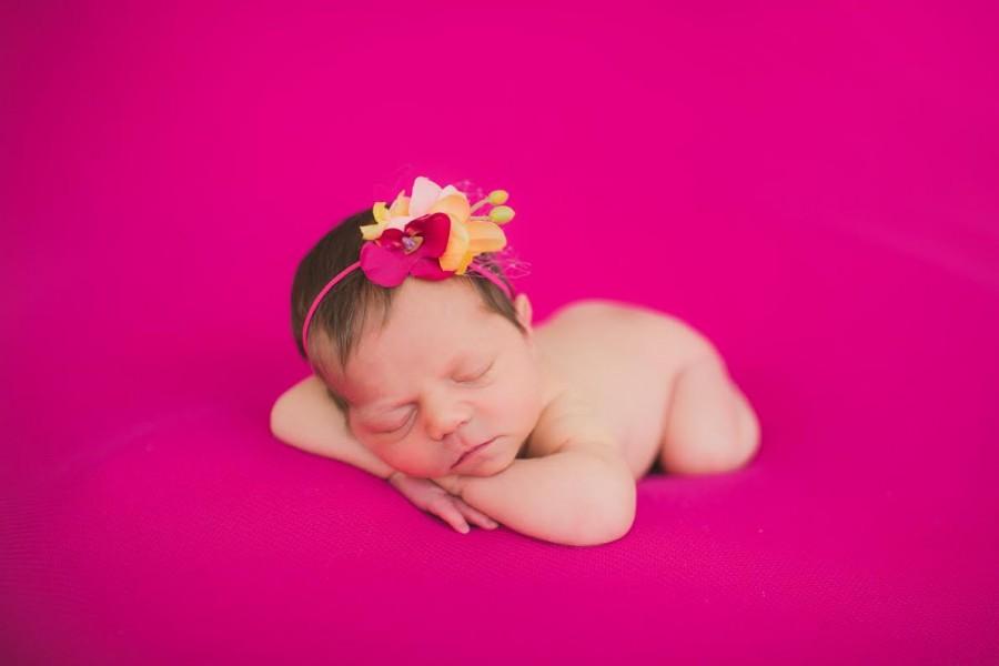 Hochzeit - Chanel Pink and Golden Toned Floral and French Netting headband Newborn Headband, Baby Headband, Toddler Headband