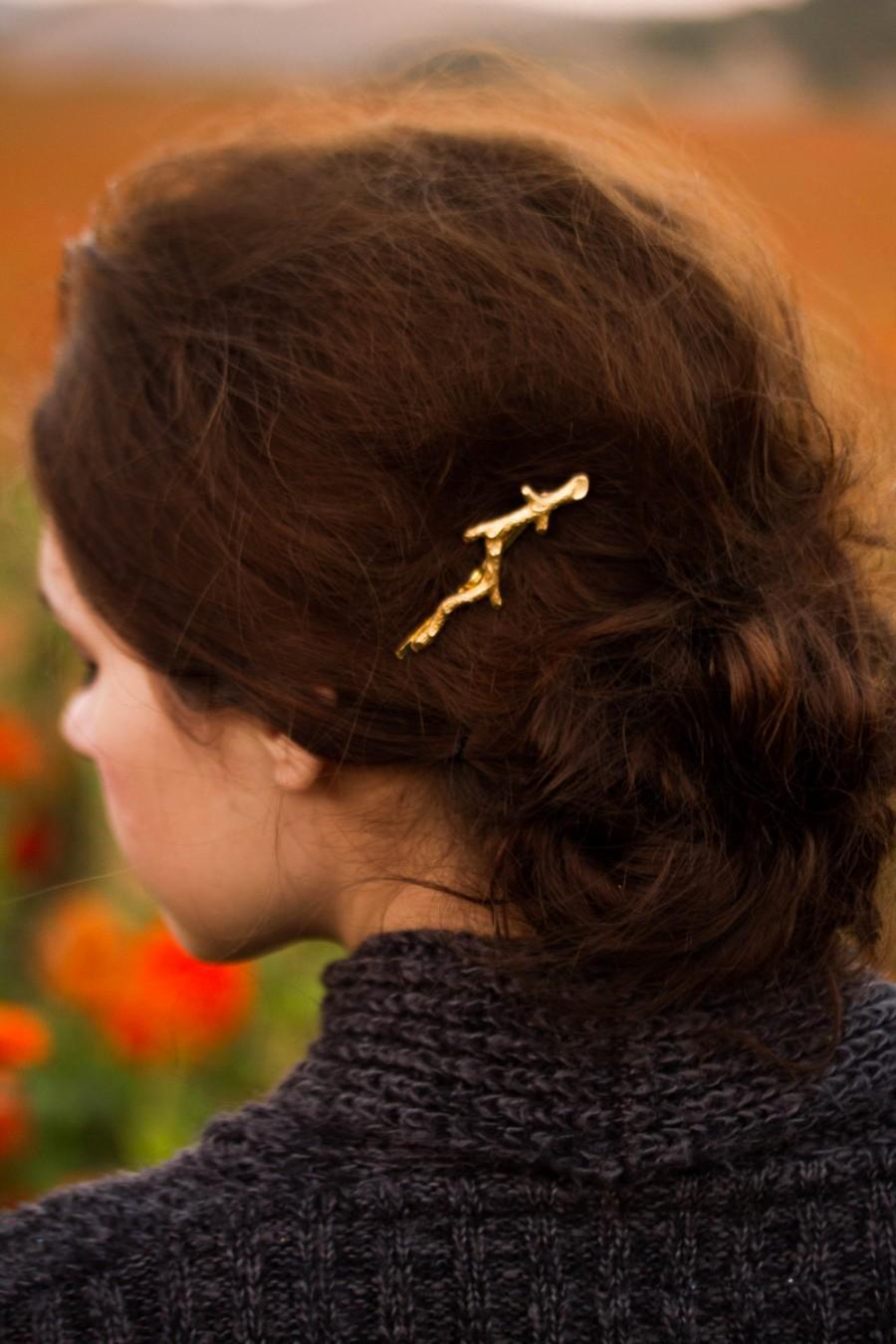 Hochzeit - Gold Branch Bobby Pins Branch Hair Pins Gold Brass Twig Hair Clip Woodland Hair Accessory Twig Barrette