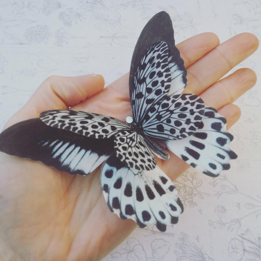 Hochzeit - Hand Cut silk butterfly hair clip - Large Monochrome layered with Swarovski Crystals