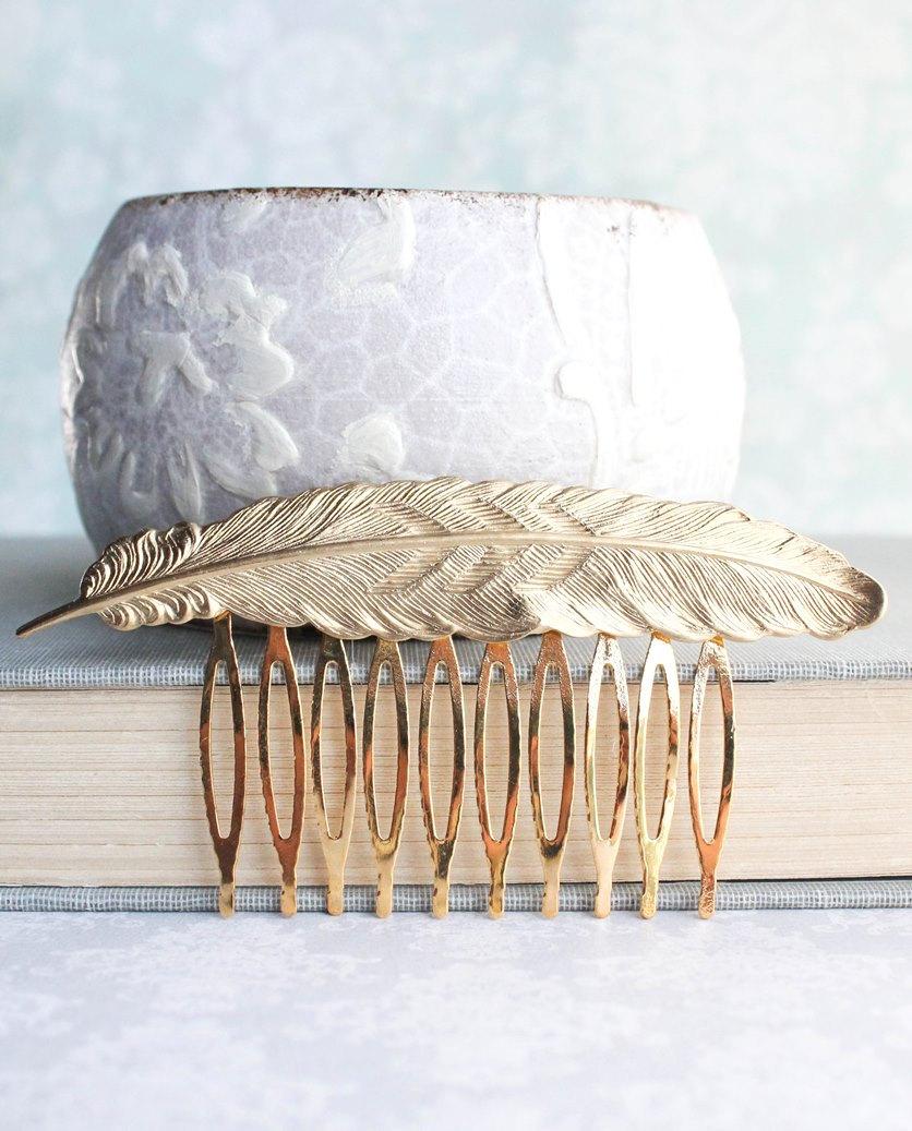 Wedding - Gold Feather Comb Raw Gold Brass Large Feather Hair Piece Woodland Wedding Bird Hair Accessories Metal Hair Comb Boho Chic Bridal