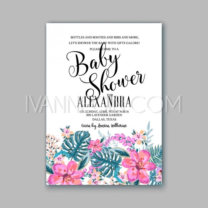 Свадьба - Baby shower floral invitation with hibiscus flower and tropical leaves, watercolor flower wreath - Unique vector illustrations, christmas cards, wedding invitations, images and photos by Ivan Negin