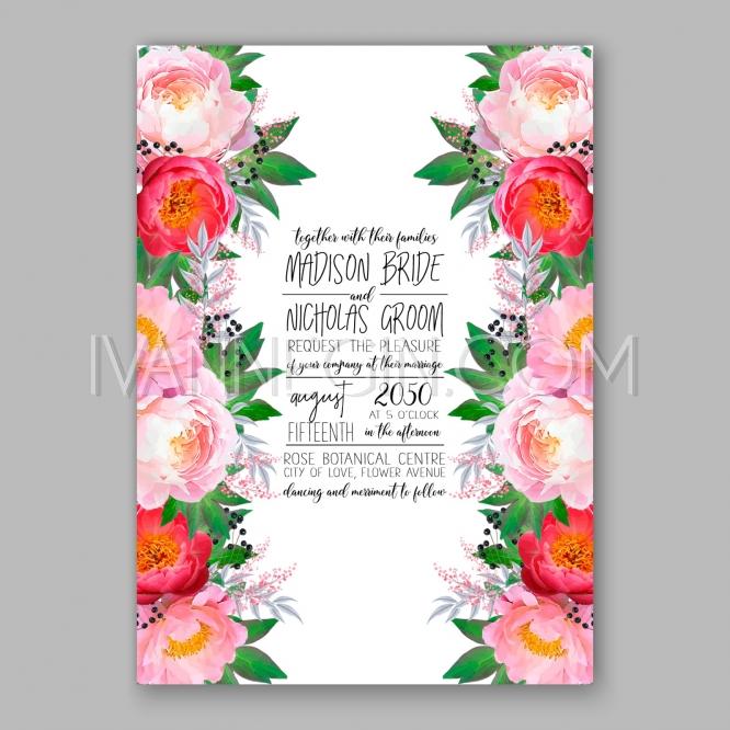 Mariage - Peony Wedding Invitation watercolor floral vector - Unique vector illustrations, christmas cards, wedding invitations, images and photos by Ivan Negin