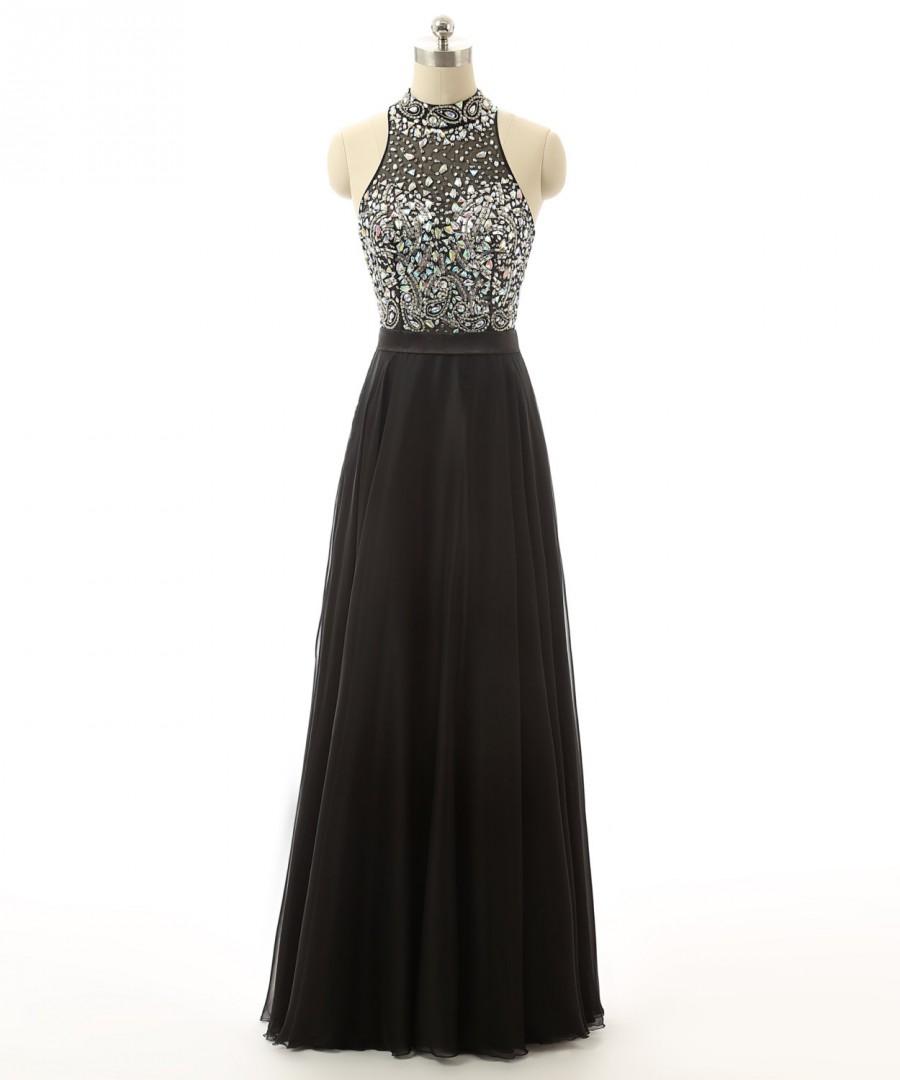 زفاف - Elegant High Neck Women's Formal Dress Floor Length Black Prom Dresses Chiffon Crystal Stones Evening Gowns Evening Dress Long