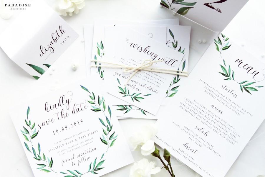 زفاف - SPECIAL OFFER 18 Complete wedding package discount, Green Leaf Invitation Kit, Watercolour Leaves, Printable Files or Printed Cards