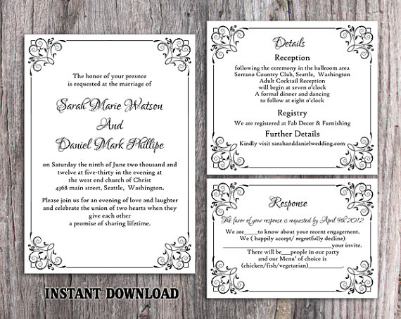 Mariage - DIY Wedding Invitation Template Set Editable Word File Instant Download Printable Invitation Black Invitation Elegant Wedding Invitation