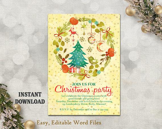 Свадьба - Christmas Party Invitation Template - Printable Holly Wreath - Holiday Party Card - Christmas Card - Editable Template - Watercolor Gold DIY
