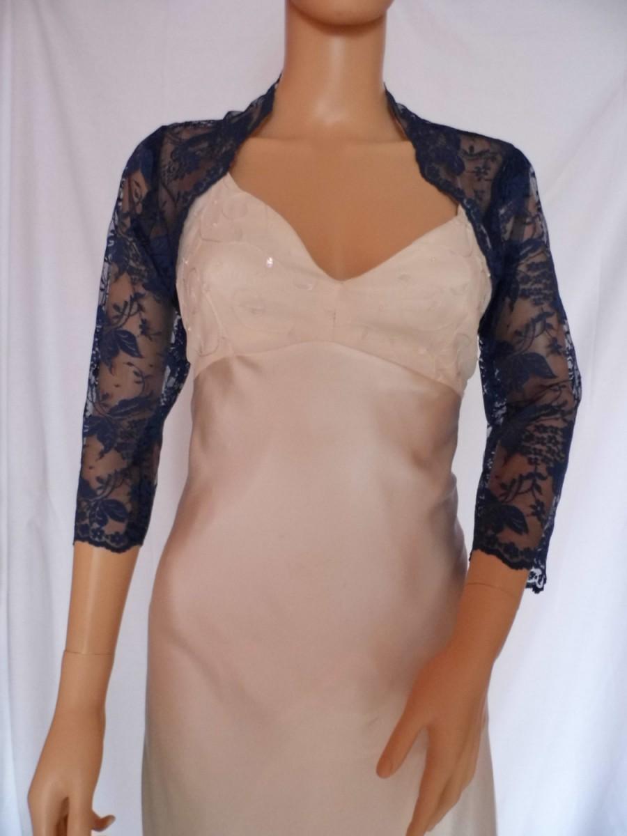 Hochzeit - Dark blue  lace three-quarter length sleeved bolero/shrug/jacket  with scalloped edging.  UK sizes 8, 10, 12, 14, 16