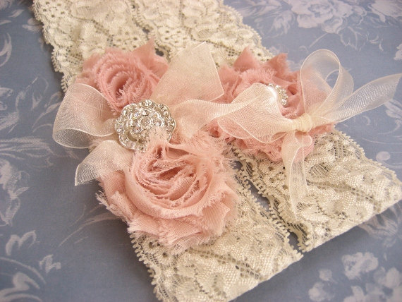 Mariage - Vintage Bridal Garter Wedding Garter Set Toss Garter included Dusty Rose Ivory with Rhinestones and Pearls  Custom Wedding colors