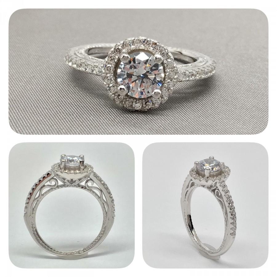 زفاف - 1.00 Ct. Filigree Halo Round Brilliant Cut Cubic Zirconia Ring In Rhodium Plated Sterling Silver, Engagement Ring, Promise Ring