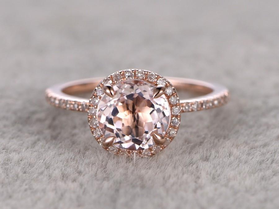 زفاف - 7mm Morganite Engagement ring Rose gold,Diamond wedding band,14k,Round Cut,Gemstone Promise Bridal Ring,Claw Prongs,Pave Set,Handmade