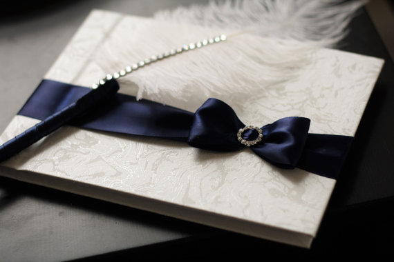 Wedding - Navy Blue Wedding Guest Book with Ostrich Feather Pen  Blue Sign in Book with Pen  Baby Shower Wishes Book   Wedding Unity Candles