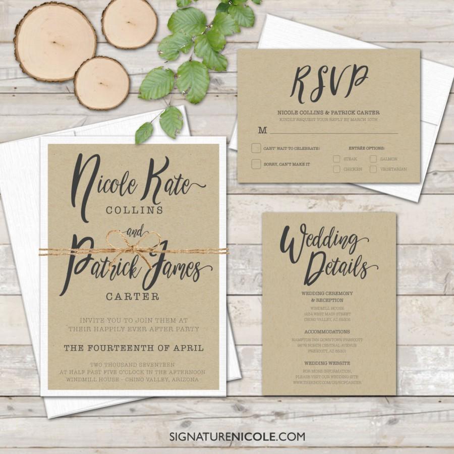 Свадьба - Rustic Wedding Invitation with RSVP and Detail Cards - QUICK DELIVERY - Handwritten-style, Organic, Farm, Simple, Elegant, Set of 10