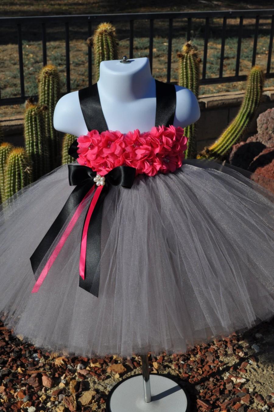 زفاف - Grey Fuchsia Flower Girl Dress, Hot Pink Grey Baby Dress,Gray Black Infant Dress, Baby Grey Black Pink Dress,Toddler Grey Tutu Dress