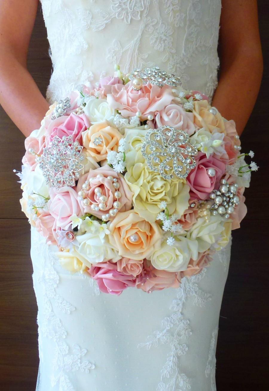 Свадьба - Bespoke Bright Pastel Pink, Ivory & Pearl Brooch flower roses wedding bridal bouquet