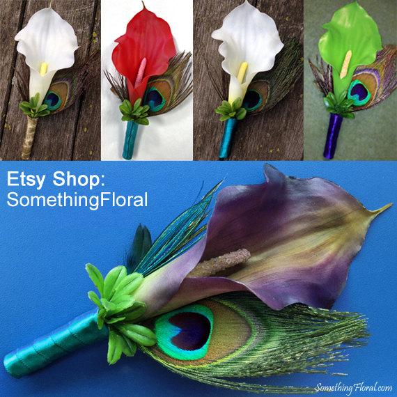 Wedding - Calla Lily Boutonniere, Peacock Feather Boutonniere, Choice of Colors, Wedding, Realistic, Artificial, Silk, Groom, Feathers, Prom, Homecomi