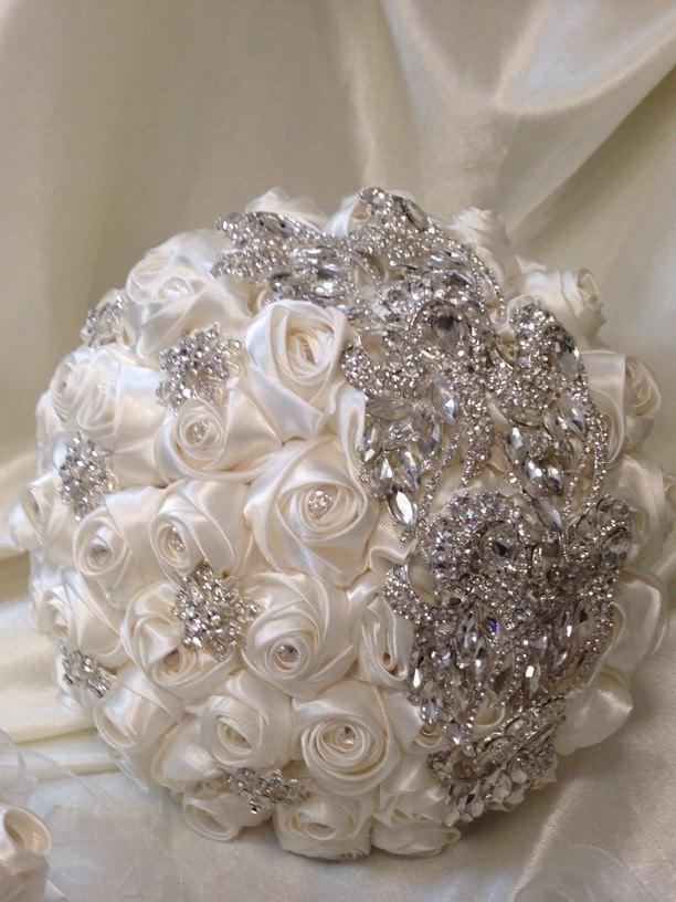 Hochzeit - Ava satin rose & crystal brooch bouquet
