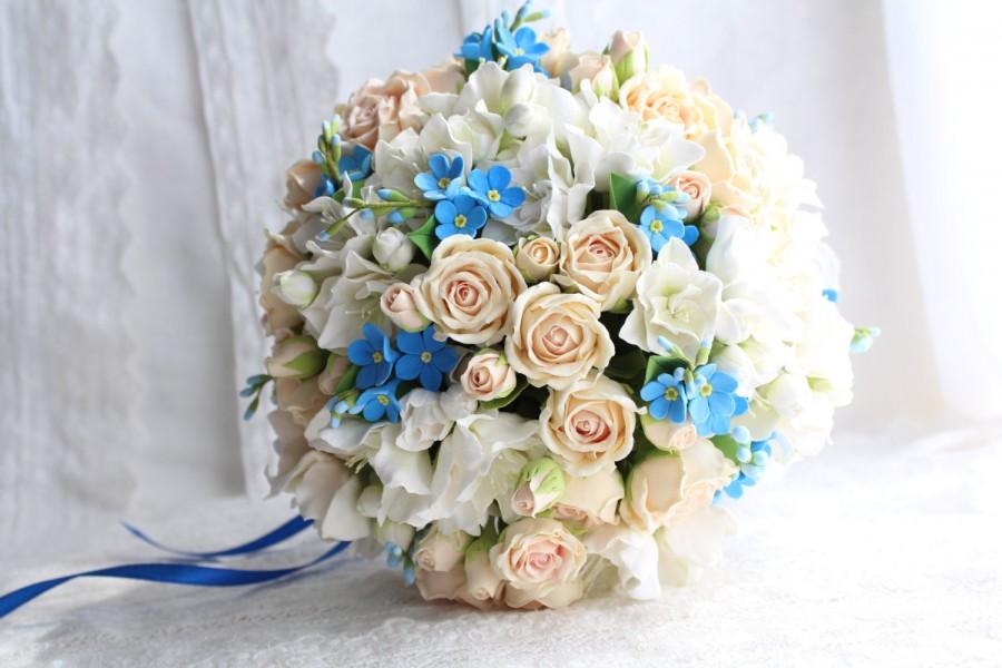 زفاف - Wedding bouquet with white azaleas, peach-yellow mini roses and blue forget-me-not. Polymer clay. Made to order .