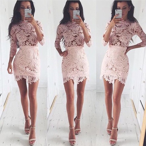 Wedding - Fancy Scalloped Neck 3/4 Sleeves Pink Sheath Lace Homecoming Dress Under 100 from Dressywomen