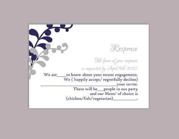 Mariage - DIY Wedding RSVP Template Editable Text Word File Download Printable RSVP Cards Leaf Rsvp Navy Blue Rsvp Card Template Silver Rsvp Card