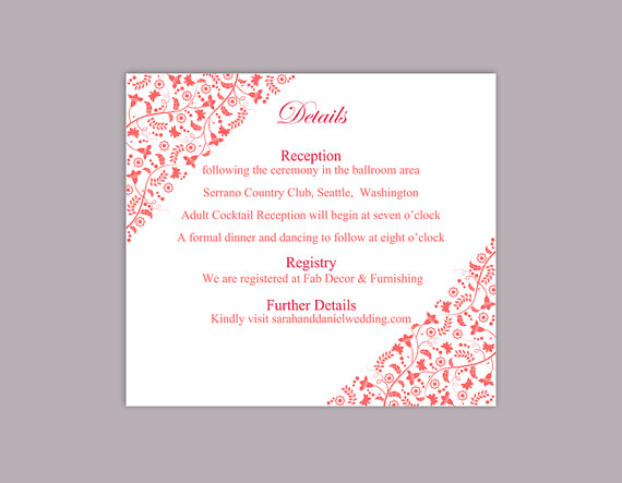 Hochzeit - DIY Wedding Details Card Template Editable Text Word File Download Printable Details Card Red Details Card Elegant Information Cards