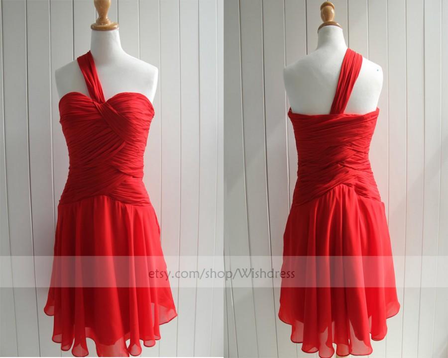 Mariage - Handmade Ruching One-shoulder Red Knee Length Bridesmaid Dress/ Cocktail Dress/ Wedding Party Dress/ Short Prom Dress