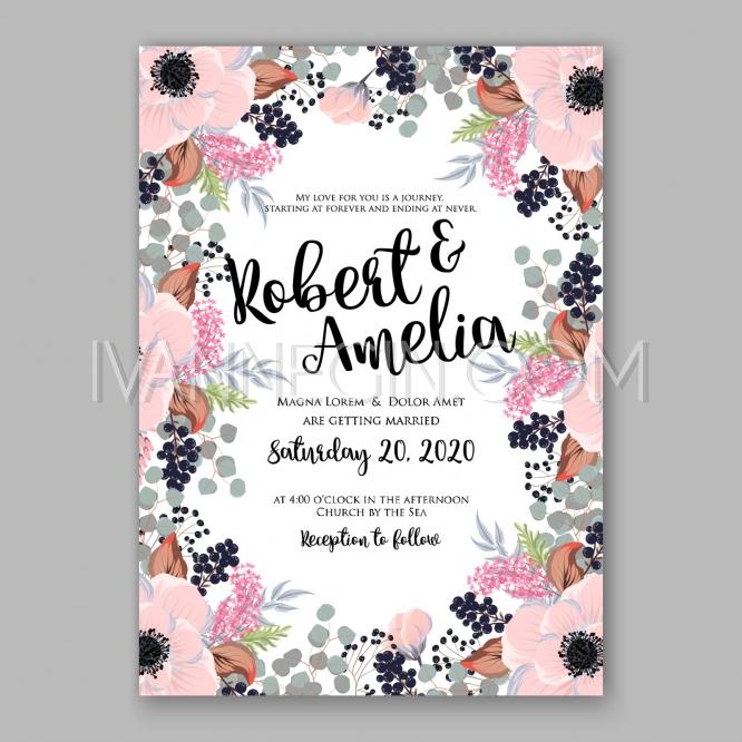 Hochzeit - Wedding Invitation Floral Bridal Wreath with pink flowers Anemone - Unique vector illustrations, christmas cards, wedding invitations, images and photos by Ivan Negin