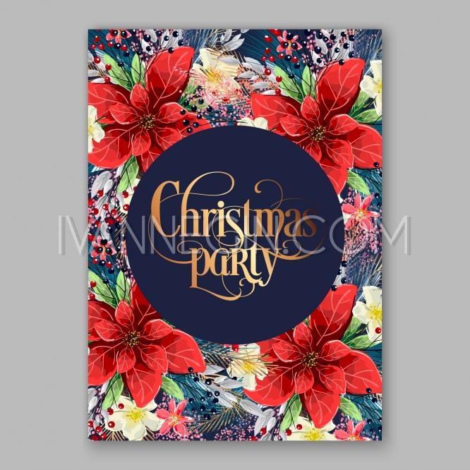 زفاف - Merry Christmas Party Invitation Poinsettia - Unique vector illustrations, christmas cards, wedding invitations, images and photos by Ivan Negin