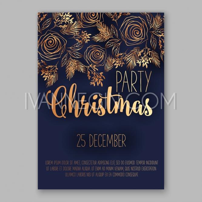 زفاف - Christmas Invitation Poster with gold flowers roses and pine branches - Unique vector illustrations, christmas cards, wedding invitations, images and photos by Ivan Negin