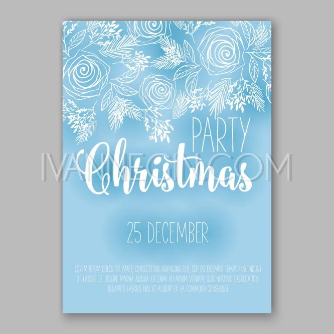 Wedding - Christmas Invitation Poster with gold flowers roses and pine branches - Unique vector illustrations, christmas cards, wedding invitations, images and photos by Ivan Negin