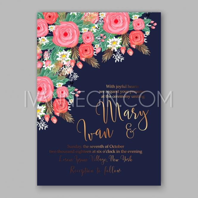 Mariage - Wedding invitation with delicate pink roses, daisies, pine branches and gold text on a navy blue - Unique vector illustrations, christmas cards, wedding invitations, images and photos by Ivan Negin