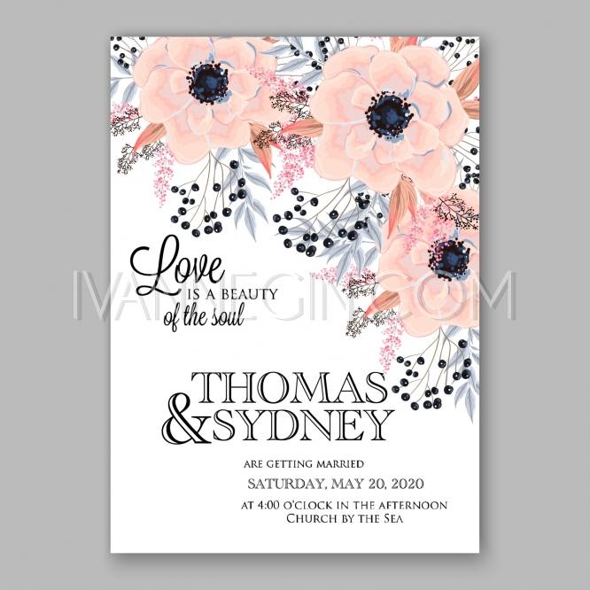 Hochzeit - Anemone wedding invitation card printable template - Unique vector illustrations, christmas cards, wedding invitations, images and photos by Ivan Negin