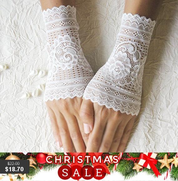 Mariage - Christmas SALE wedding lace gloves cuffs mittens ivory gloves 25% OFF free shipping